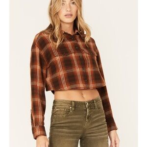 Stylish Brown Plaid Button-Down Crop Top, Never Worn